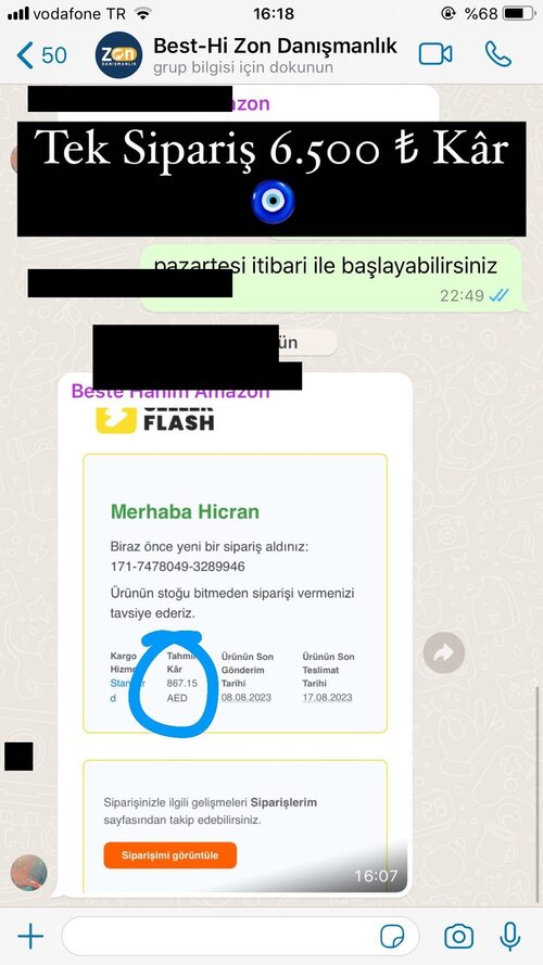 Tek siparişten elde edilen kâr ekran görüntüsü